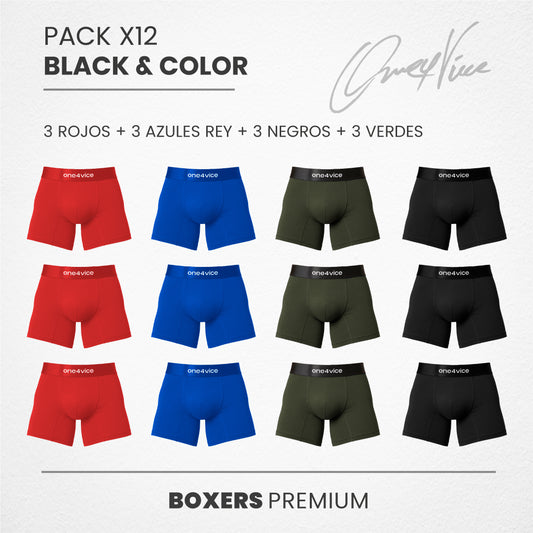 PACK X12 BOXER HOMBRE - BLACK & COLORS - NEGRO/ROJO/AZUL REY/VERDE