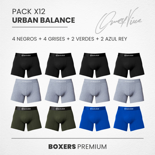 PACK X 12 BOXER HOMBRE - URBAN BALANCE - NEGRO/GRIS/VERDE/AZUL - ONE4VICE