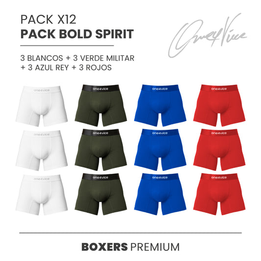 PACK X 12 BOXER HOMBRE  -PACK BOLD SPIRIT - BLANCO/VERDE/AZUL/ROJO - ONE4VICE