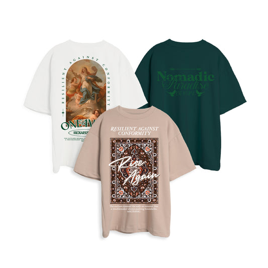 3PACK OVERSIZE TRILOGY ESTAMPADA VARIADA (RENAISS BLANCO/VERDE + NOMADIC VERDE PINO + RISEAGAIN CAMELL/MARRON)
