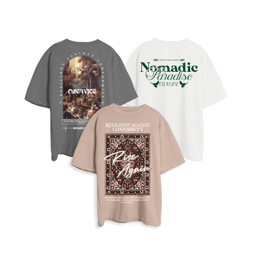 3PACK OVERSIZE TRILOGY ESTAMPADA VARIADA (RENAISSANCE GRIS/BLANCO + NOMADIC BLANCO/VERDE + RISE AGAIN CAMELL/MARRON)