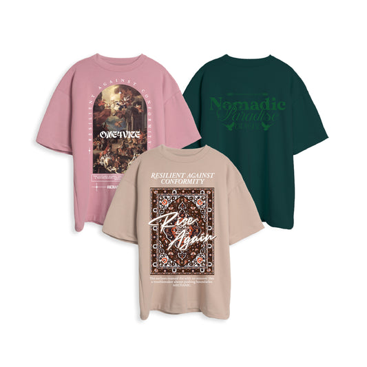 3PACK OVERSIZE TRILOGY ESTAMPADA VARIADA (RENAISSANCE PALOROSA/BLANCO + NOMADIC VERDE PINO + RISEAGAIN CAMEL/MARRON)