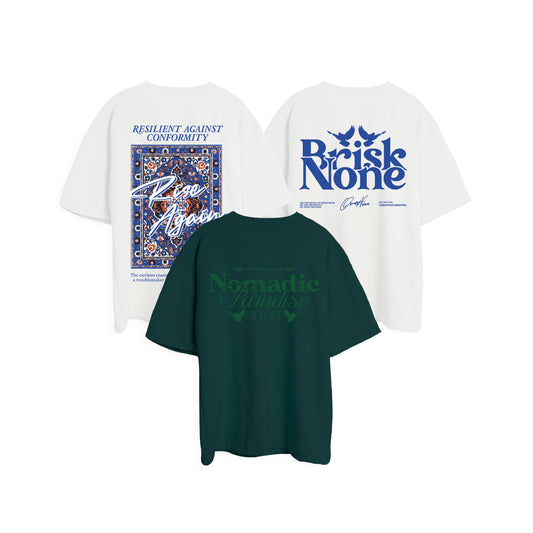 3PACK OVERSIZE TRILOGY ESTAMPADA VARIADA RENAISSANCE BLANCO/AZUL + NOMADIC BLANCO/AZUL + NOMADIC VERDE PINO)