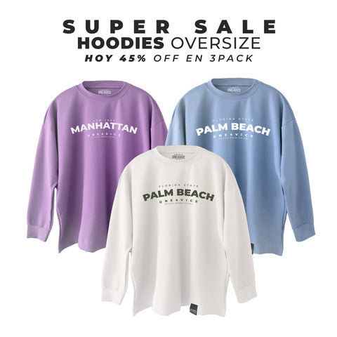 3PACK HOODIES OVERSIZE (BLANCO/VERDE PALM, LILA/BLANCO MANHATTAN, AZUL CIELO/BLANCO PALM)