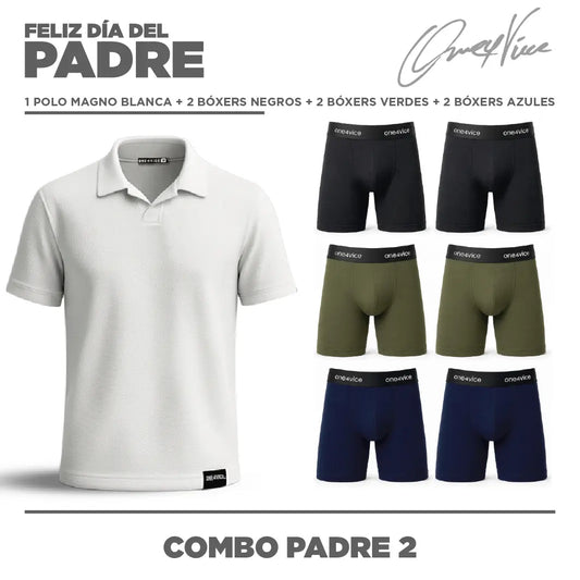 Pack Dia del Padre |  Polo Magno Blanca + 6 Boxers (2 NEGROS + 2 VERDES +  2 AZULES)