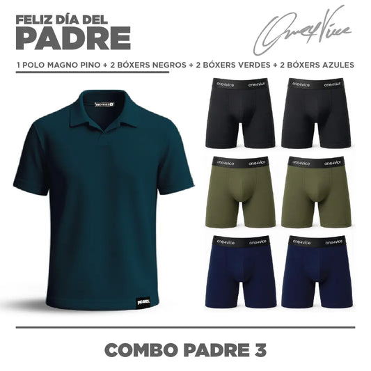 Pack Dia del Padre |  Polo Magno Verde Pino + 6 Boxers (2 NEGROS + 2 VERDES +  2 AZULES)
