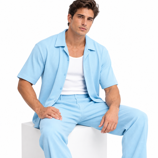 CONJUNTO RIB PREMIUM (AZUL CIELO) - PANTALON + CAMISA + CAMISILLA