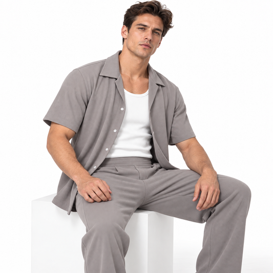 CONJUNTO RIB PREMIUM (GRIS) - PANTALON + CAMISA + CAMISILLA