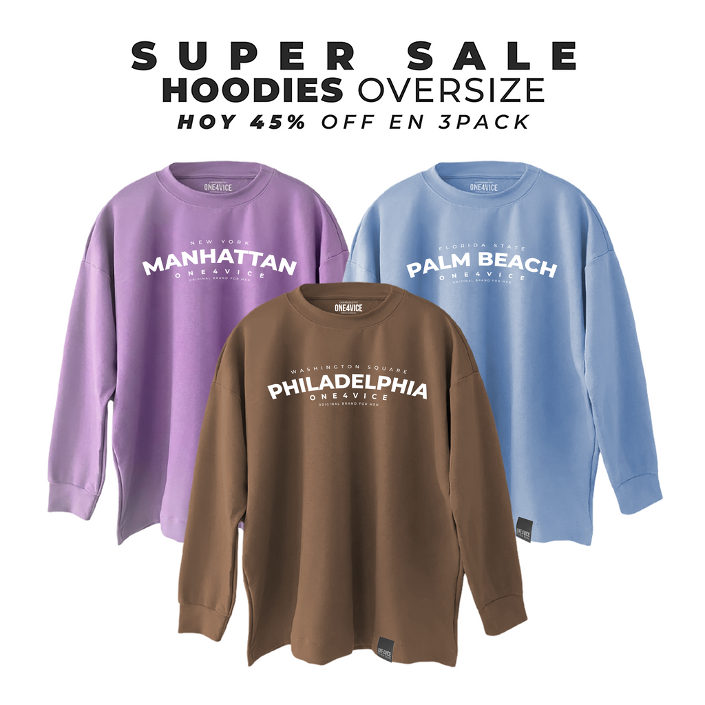 3PACK HOODIES OVERSIZE AZUL CIELO/BLANCO PALM, TABACO/BLANCO PHILA, LILA/BLANCO MANHATTAN