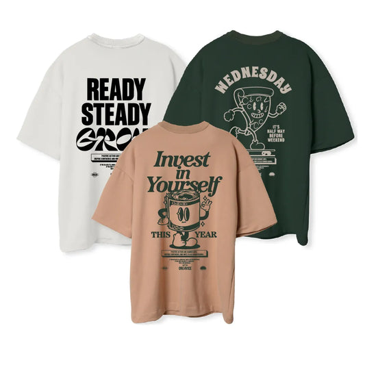 3PACK OVERSIZE ESTAMPADA HOMBRE (BLANCO/NEGRO READY + VERDE MILITAR/CAMEL WEDNESDAY+ COCOA/VERDE INVEST)