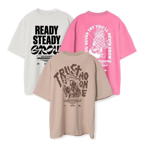 3PACK OVERSIZE ESTAMPADA HOMBRE (BLANCA/NEGRO READY + CAMEL/CHOCOLATE TRUST + ROSA NEON/BLANCO PIÑA)