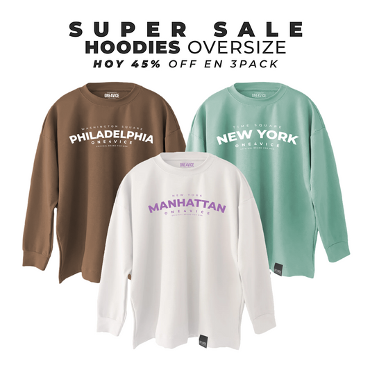3PACK HOODIES OVERSIZE TABACO/BLANCO PHILA, OLIVA/BLANCO NEW YORK, BLANCO/LILA MANHATTAN
