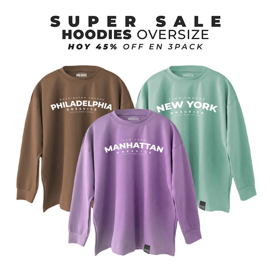 3PACK HOODIES OVERSIZE TABACO/BLANCO PHILA, OLIVA/BLANCO NEW YORK, LILA/BLANCO MANHATTAN)