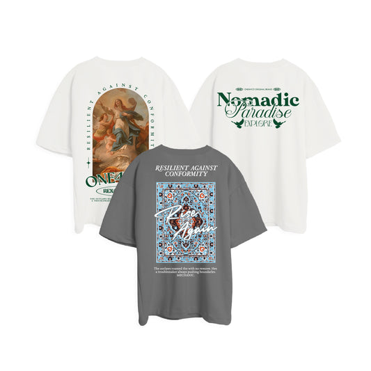 3PACK OVERSIZE TRILOGY ESTAMPADA VARIADA (RENAISSANCE BLANCO/VERDE + NOMADIC BLANCO/VERDE + RISEAGAIN GRIS/AZUL CIELO)