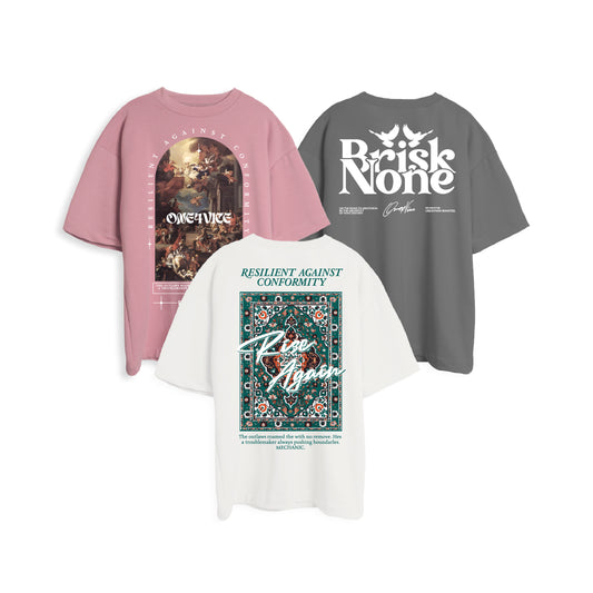 3PACK OVERSIZE TRILOGY ESTAMPADA VARIADA (RENAISSANCE PALOROSA/BLANCO + NOMADIC GRIS BRISK + RISEAGAIN BLANCO/VERDE)