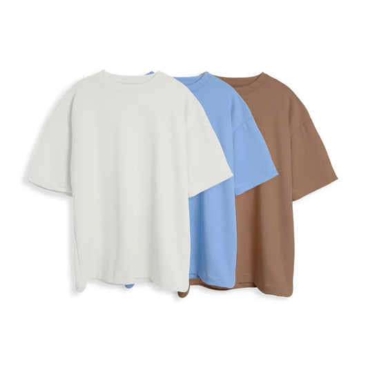 CAMISETA OVERSIZE X3 - (BLANCO, AZUL CIELO, TABACO)