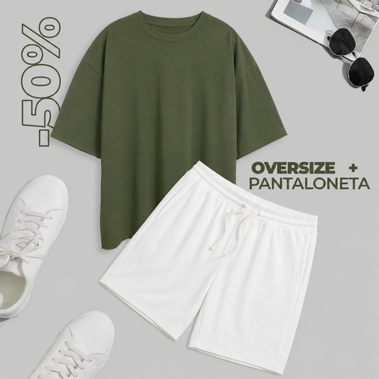 CONJUNTO PANTALONETA (BLANCO) + OVERSIZE (VERDE MILITAR)