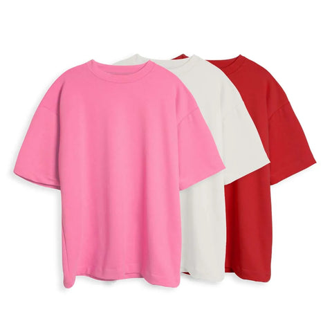 CAMISETA OVERSIZE X3 - (ROSA NEON, BLANCO, ROJO)